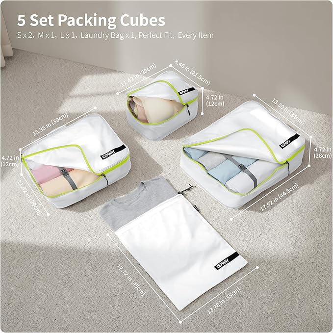 Cipway 5 Set Packing Cubes for Travel Suitcase Organizer for Accessories Luggage Carry On Suitcase Lightweight White