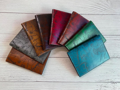 Handmade Leather Passport Wallet with Ancient Map Design, 4 Pockets, Genuine Brown Leather - 1SM