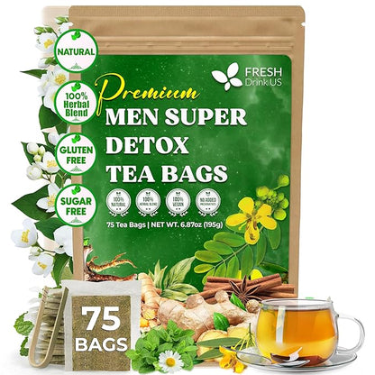 FreshDrinkUS, Premium 75 Tea Bags Men Super Detox Tea – Herbal Blend with Senna, Dandelion Root, Ginger, Peppermint & More – 100% Natural, Sugar-Free. Caffeine-Free. Gluten-Free. Vegan