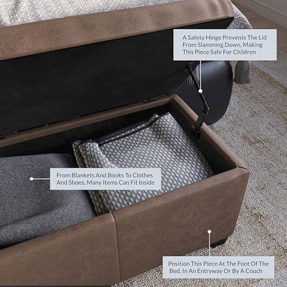 BELLEZE Storage Faux Leather Ottoman, 47 Inch Bench Bedroom Bench with Safety Close Hinge, Extra Long Ottoman with Storage for Living Room, Entryway, Foot Rest, Support 300lbs - Rustic Brown