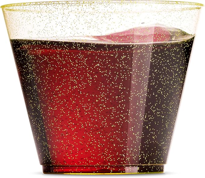 100 Glitter Plastic Cups - 9 Oz Clear Plastic Cups Old Fashioned Tumblers -Gold