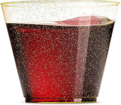 100 Glitter Plastic Cups - 9 Oz Clear Plastic Cups Old Fashioned Tumblers -Gold
