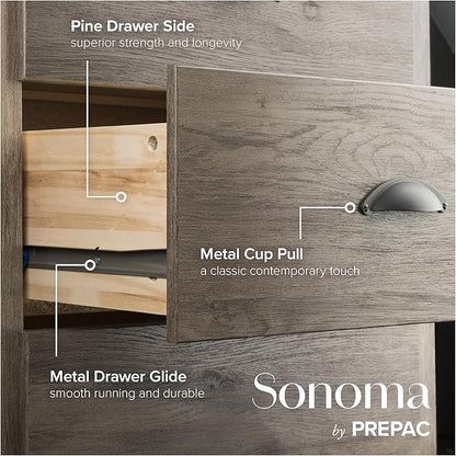 Prepac Sonoma 6-Drawer Double Dresser for Bedroom, Wide Chest of Drawers, Traditional Bedroom Furniture, 59" wide x 17.5" deep x 29" tall, Drifted Gray