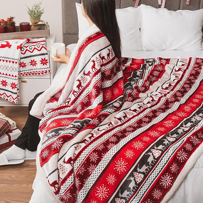 PAVILIA Premium Christmas Sherpa Throw Blanket | Christmas Decoration Reindeers, Fleece, Plush, Warm, Cozy Reversible Microfiber Holiday Blanket 50 x 60