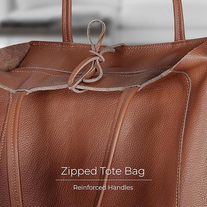 Italian Calf Leather Tote for Women with Zipper, Inner Pocket & Flat Base | Soft Unlined Shopper for Work & Travel