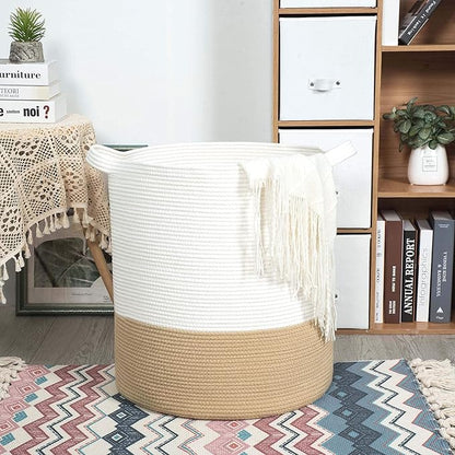 MINTWOOD Design 83L Extra Large 20x18in Decorative Woven Cotton Rope Blanket Basket with Handles, Tall Laundry Hamper for Living Room, Round Storage for Pillows, Towels, Shoes, Beige