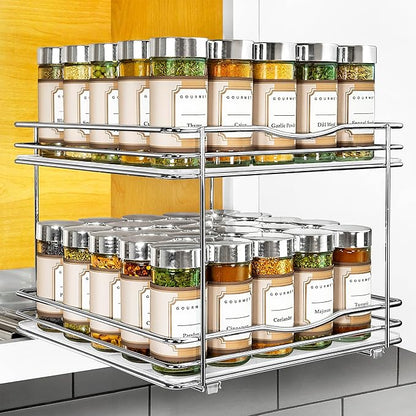 LYNK PROFESSIONAL® Pull Out Spice Rack Organizer for Inside Kitchen Cabinets - 10-3/8 inch Wide - Slide Out Drawer – Chrome Sliding Spice Cabinet Organization Shelf Racks - 2 Tier