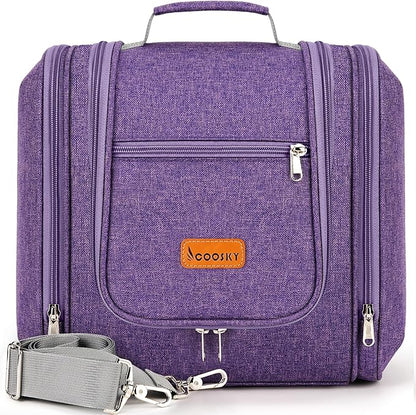 Travel Hanging Toiletry Bag for Women and Men, 6 Organizer Compartments, Holds Full Size Bottles, Extra Large Cosmetic Accessories, Makeup essentials, Bathroom Water-resistant Toiletries Bag, Purple