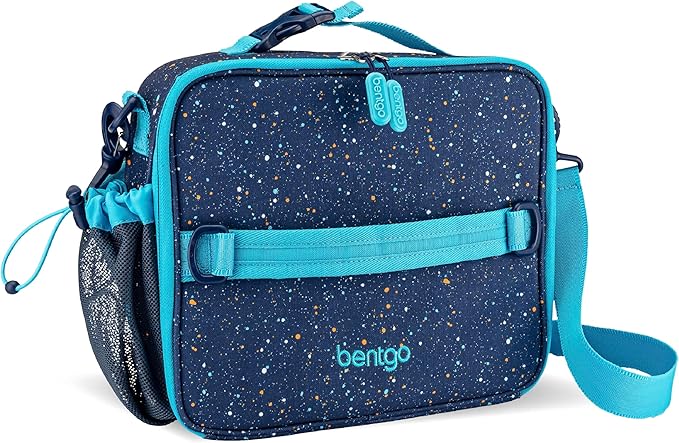 Bentgo Kids Lunch Bag - Double-Insulated, Reusable Lunch Bag for Kids 3+ with Adjustable Strap; Holds Lunch Box/Water Bottle/Snacks; Easy-Clean, Water-Resistant & Pockets (Confetti - Abyss Blue)