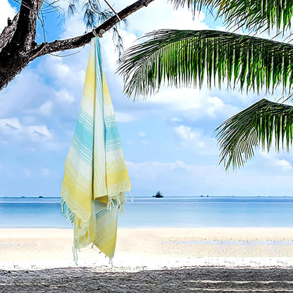 HILLFAIR Cotton Turkish Beach Towels, Quick Dry Lightweight Sand Free Peshtemal Towel for Bath Swim Yoga Travel, Beach Accessories, Oversized Cotton Turkish Towels (39 x 72 inch- 4 Pack Yellow Blue)