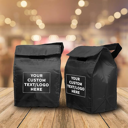 DISCOUNT PROMOS 10 Hook and Loop Insulated Lunch Bags Set - Customizable Text, Logo - Polyester, Durable, Vibrant, Reusable - Black