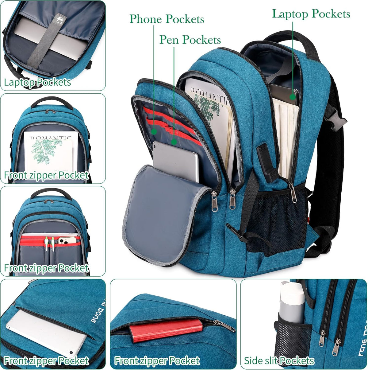 FENGDONG 17.3 inch Large Laptop Backpack Durable Waterproof Travel College Backpack Bookbag for Men & Women Business Backpack with USB Charging Port and Headset Port Light Teal