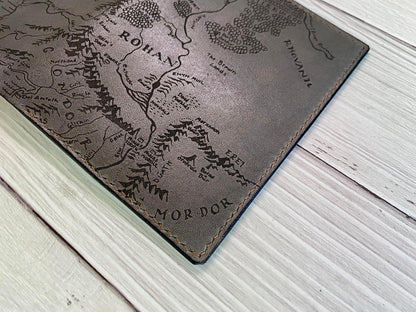 Handmade Leather Passport Wallet with Ancient Map Design, 4 Pockets, Genuine Brown Leather - 1SM
