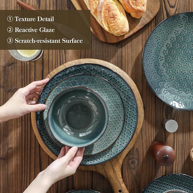MALACASA 12 Pieces Dinnerware Sets, Farmhouse Plates and Bowls Sets, Embossed