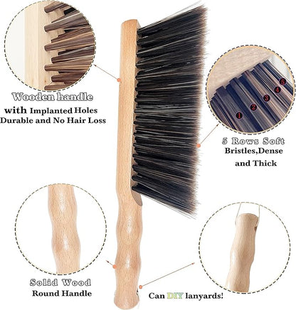 Hand Broom Beech Wood Brush,Dust Brush,Duster for Counter,12inch Foxtail Bench Brush, Round Handle Handheld Brushes,5 Rows Soft Bristles for Bed,Shop Table,Woodworking Cleaning,Car,Sofa,Furniture