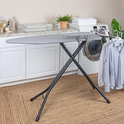 Household Essentials Wide Mega Ironing Board 4-Leg, Steel Top Pressing Station, Matte Black Frame, Grey Cover