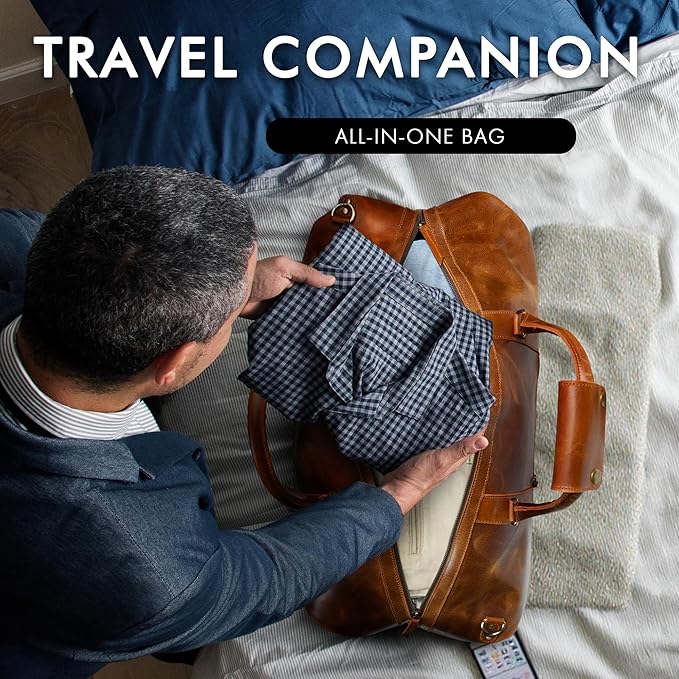 ELIZO Large Leather Duffle Bag For Men Women Big REAL FULL GRAIN Travel Overnight Weekender Carry On Luggage Sports Gym Bags (Tan 24 Inch) Heritage
