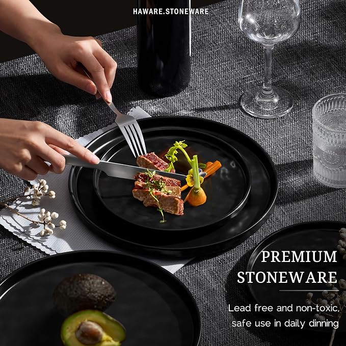 HaWare Dinnerware Sets, 12-Piece Plates and Bowls Set, Matte Black | Stoneware