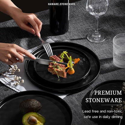 HaWare Dinnerware Sets, 12-Piece Plates and Bowls Set, Matte Black | Stoneware