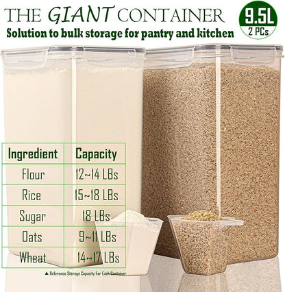 [2PC] 9.5L | 10 qt | 320 Oz Extra Large Airtight Food Storage Containers with Lids, Kitchen & Pantry Organizers and Storage Clear Plastic, Bulk Flour Sugar Canister Set -Wide Deep Leakproof & BPA Free