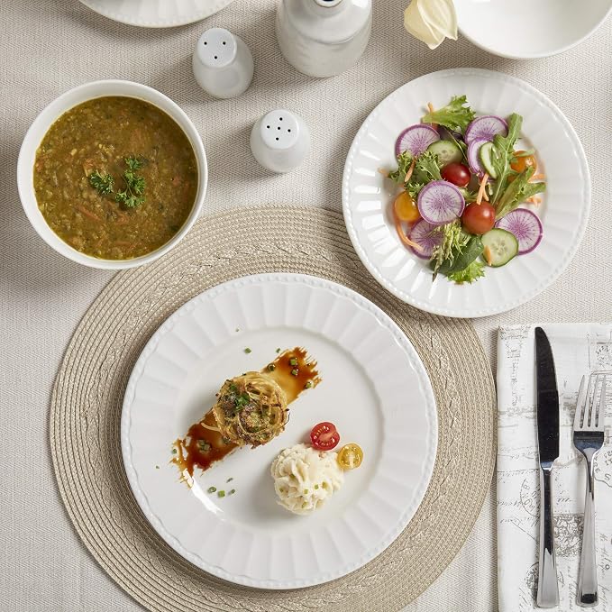 Tabletops Gallery Embossed Bone White Porcelain Round Dinnerware Collection-
