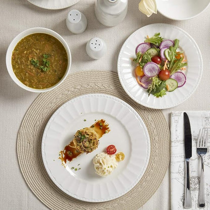 Tabletops Gallery Embossed Bone White Porcelain Round Dinnerware Collection-