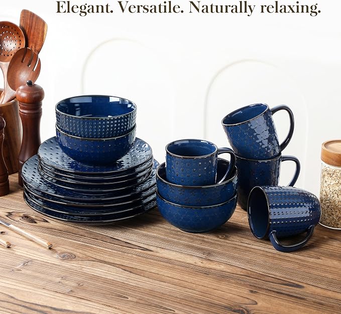 MALACASA 16 Pieces Dinnerware Sets, Farmhouse Plates and Bowls Sets, Embossed