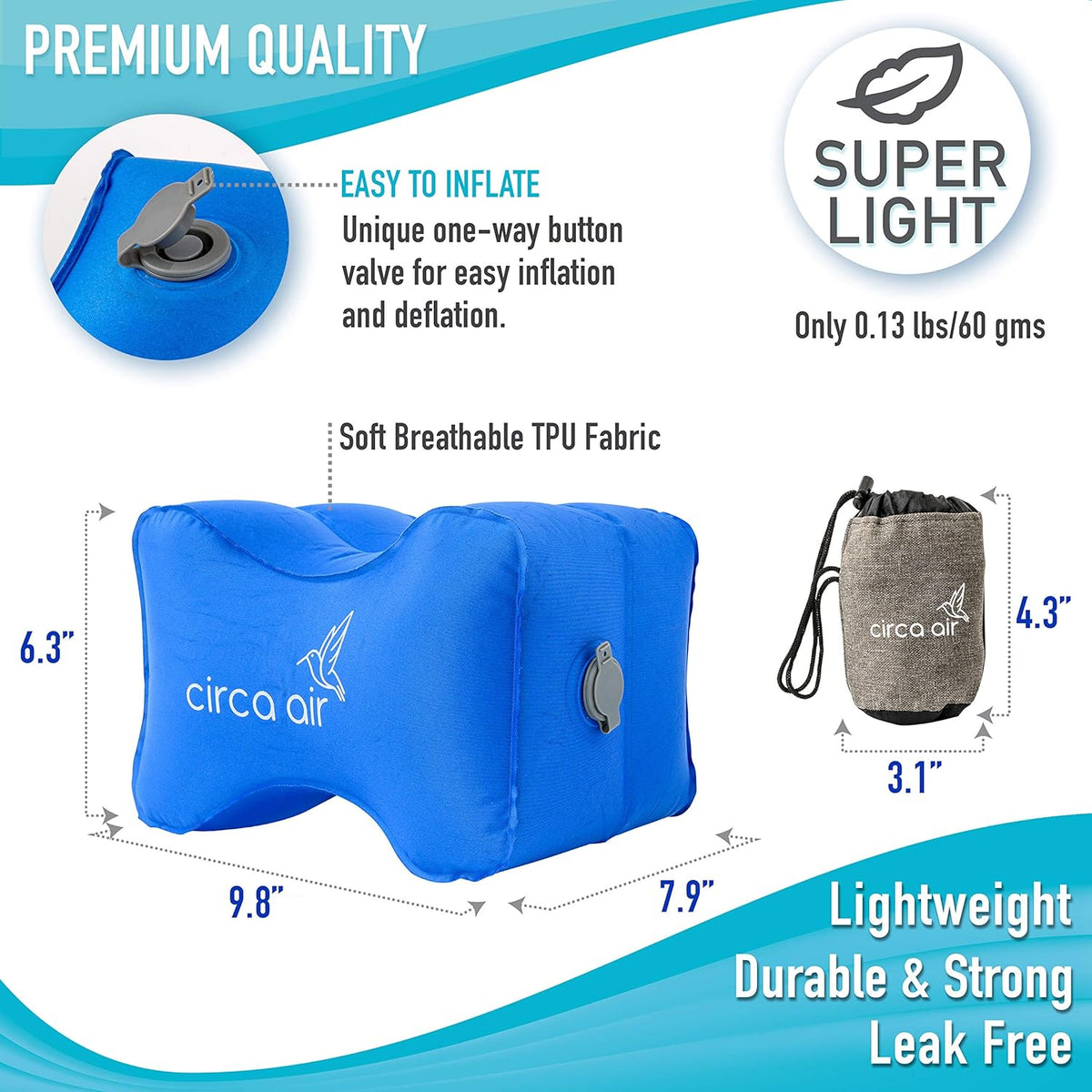 Circa Air Inflatable Knee Pillow for Side Sleepers - Orthopedic Knee Pillows for Sleeping, Sciatica Relief, Back Pain, Leg Pain, Hip or Joint Pain. Weighs Only 1.98 Oz Perfect for Travel/Home