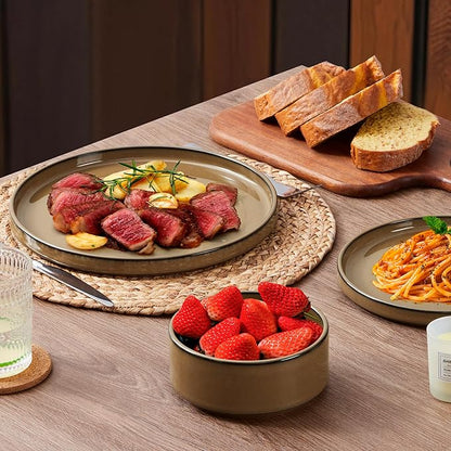 LIANYU 24 Piece Stoneware Dinnerware Sets, Modern Plates and Bowls Dishes Set for 8, Elegant Dinning Dishware for Dinner Salad Cereal, Dishwasher & Microwave Safe, Amber Gold