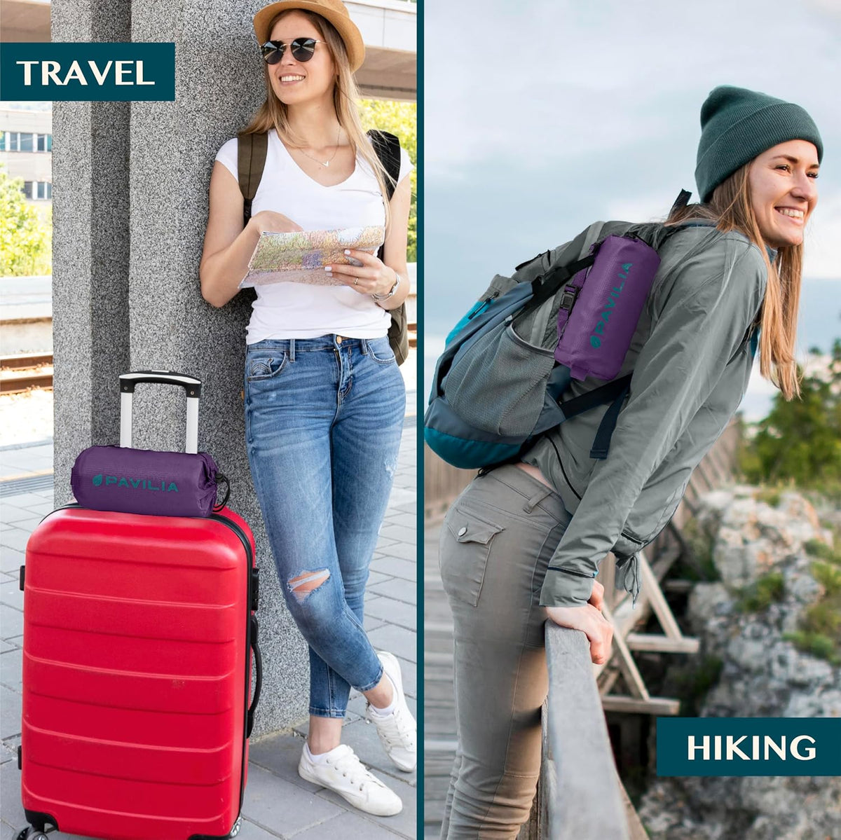 PAVILIA Travel Blanket Airplane Compact with Bag, Soft Packable Plane Blanket Kids Adults, Portable Camping Flight Essentials, Travelers Gifts Accessories, Luggage Backpack Strap, 65x40 Purple