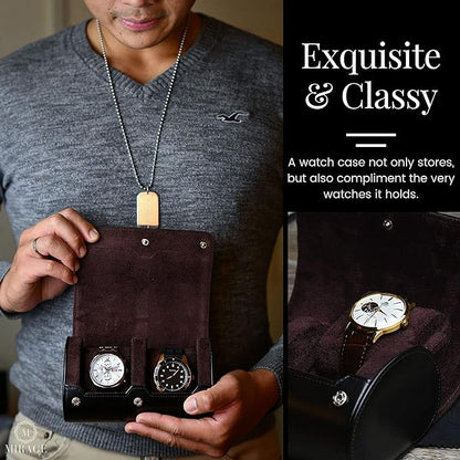2 Watch Case for Men - Watch Roll Travel Case - Jade Black Motif Vegan Leather