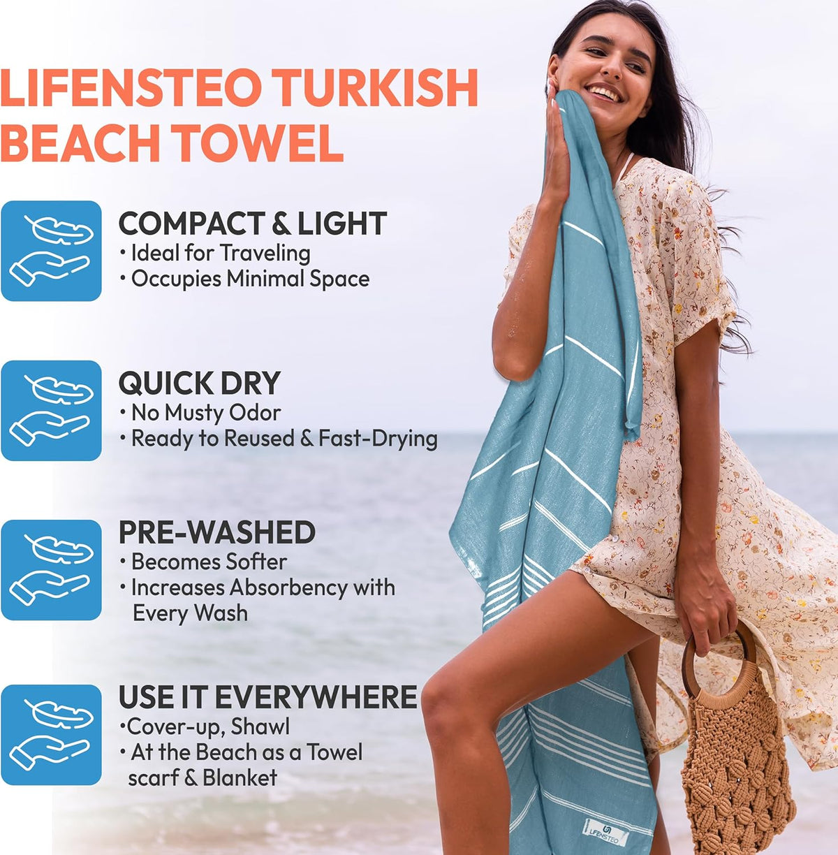 Turkish Beach Towel - 40x71 inch Oversized Sand Resistant Prewashed Turkish Towel - 100% Turkish Cotton Quick Drying, Compact, Lightweight Turkish Towel for Beach, Bath, Pool, Gym, Yoga