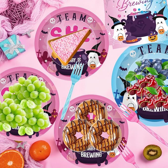 96 Pcs Halloween Gender Reveal Decorations, Baby Is Brewing Tableware Set |
