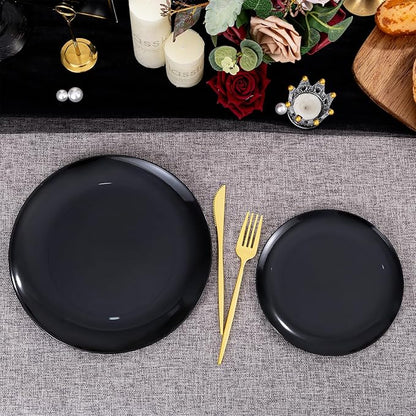 PULOTE 200PCS Black Plastic Plates - Heavy Duty Black Disposable Include 100 Each (10 inch Dinner & 7 inch Dessert) Plates, Disposable for Party, Birthday & New Year
