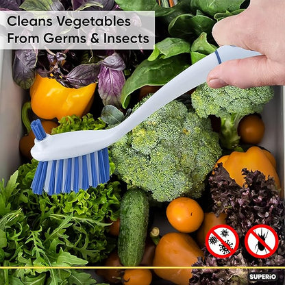 Dish Washing Scrubber Vegetable Brush - Blue / White 2 Sided Bristles - Long Handle With Rubber Grip Non Scratch Kitchen and Bath Cleaning By Superio