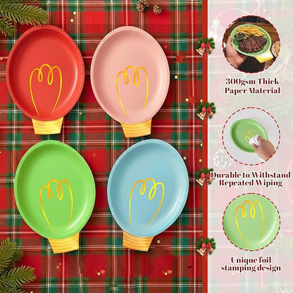 OuMuaMua 100Pcs Christmas Paper Plates Disposable, Heavy Duty Christmas Light Bulb Design Party Supplies Serve 50, Fancy Disposable Dinnerware Set with Gold Foil for Holiday Home Xmas Party Decor