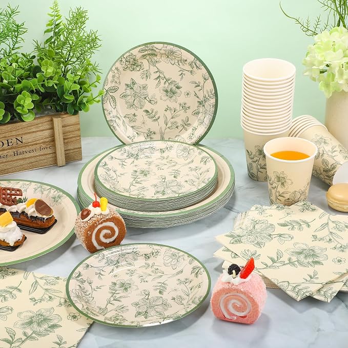 Kochorie 96 Pieces Sage Green Floral Party Supplies Elegant Floral Disposable