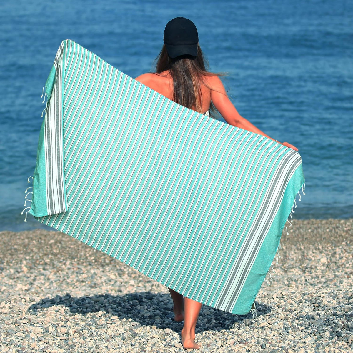 HILLFAIR Cotton Turkish Beach Towels, Quick Dry Lightweight Sand Free Peshtemal Towel for Bath Swim Yoga Pool Travel, Beach Accessories, Oversized Cotton Turkish Towel (39 x 72 inch- 4 Pack Aqua Grey)