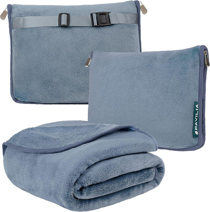 PAVILIA Travel Blanket Pillow, Soft Airplane Blanket 2-IN-1 Combo Set, Plane Blanket Compact Packable, Flight Essentials Car Pillow, Travelers Gift Accessories Luggage Backpack Strap, 60x43 Slate Blue