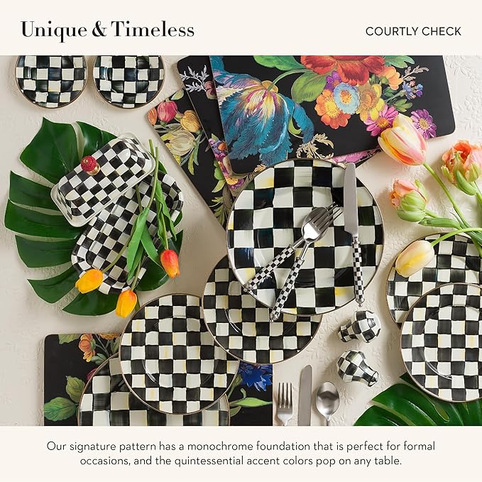 MACKENZIE-CHILDS Supper Club 3-Piece Place Setting, Fork, Spoon, and Knife Dinner Flatware Set, Black-and-White Courtly Check
