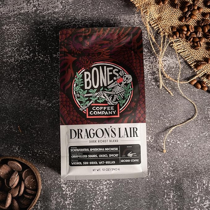 Bones Coffee Company Dragon's Lair, Smokey, Cacao and Caramelized Sugar Notes, Unflavored Coffee, Medium Roast Low Acid Arabica Beans Compatible with Auto drip and French Press Coffee Maker, 12 Oz Ground