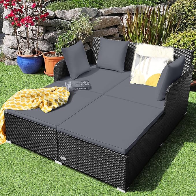 Tangkula Outdoor Rattan Daybed, Wicker Furniture