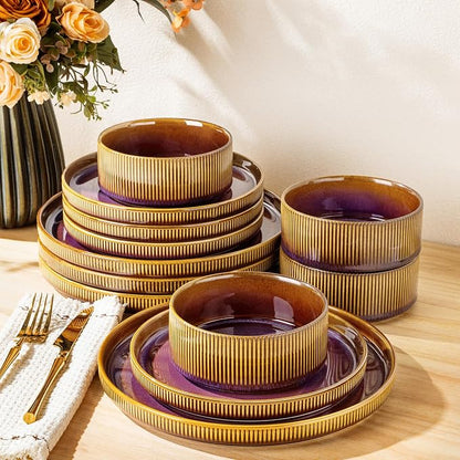 Ceramic Dinnerware Set for 4, 12-Piece Plates and Bowls Set | Lightweight