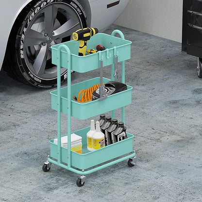 Simple Houseware 3-Tier Heavy Duty Metal Utility Rolling Cart, Turquoise