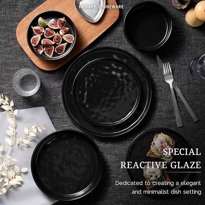 HaWare Dinnerware Sets, 12-Piece Plates and Bowls Set, Matte Black | Stoneware