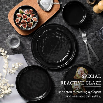 HaWare Dinnerware Sets, 12-Piece Plates and Bowls Set, Matte Black | Stoneware