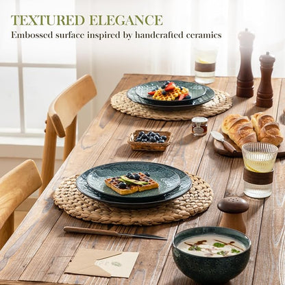 MALACASA 12 Pieces Dinnerware Sets, Farmhouse Plates and Bowls Sets, Embossed