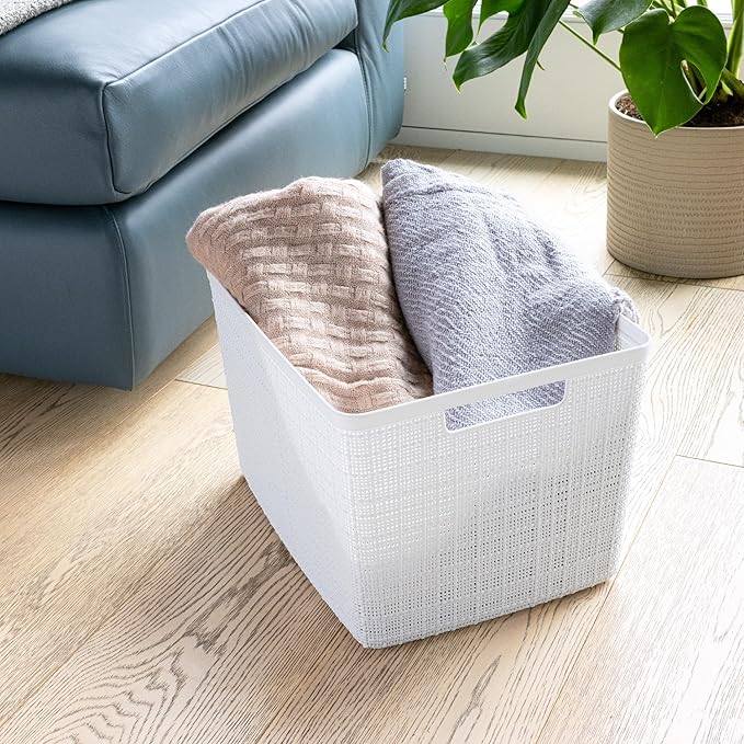 Curver Set of 4 Jute Large Decorative Plastic Organization and Storage Baskets, Perfect Bins for Home Office, Closet Shelves, Kitchen Pantry and All Bedroom Essentials, White