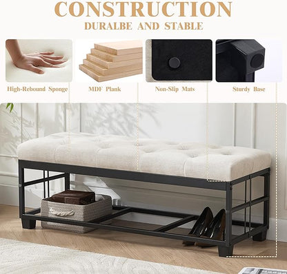 43’’ Storage Ottoman Bench, Linen Entryway Benches Load up to 660 Lb, Modern End of Bed Benches for Bedroom, Ottoman with Storage Bench for Living Room, Beige