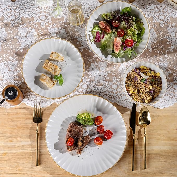 GBHOME Stoneware Dinnerware Sets for 4,Handcrafted Embossed Design Reactive Glaze Ceramic Plates and Bowls, Dishwasher and Microwave Safe, Service for 4(12pcs)